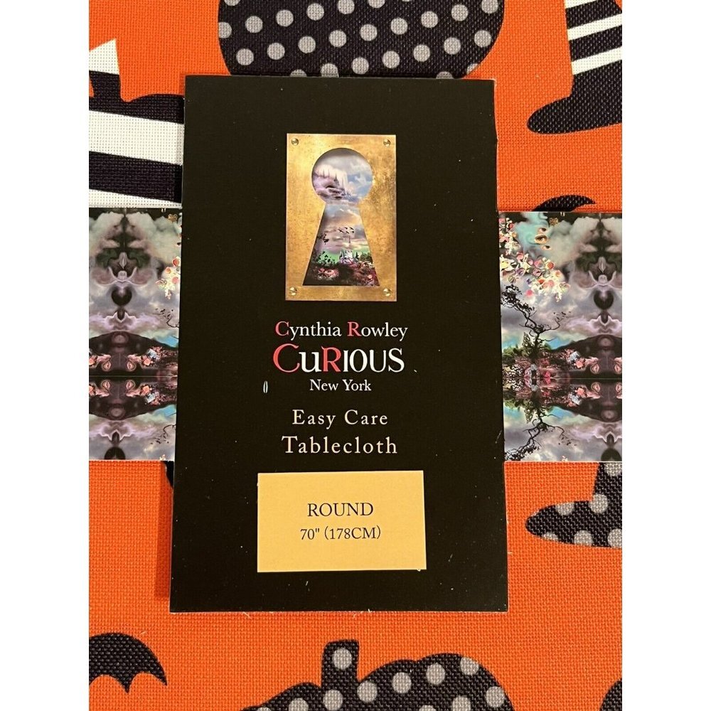 Halloween Witch Bat Pumpkin 70" Round Tablecloth Cynthia Rowley Curious NEW - Picture 2 of 5